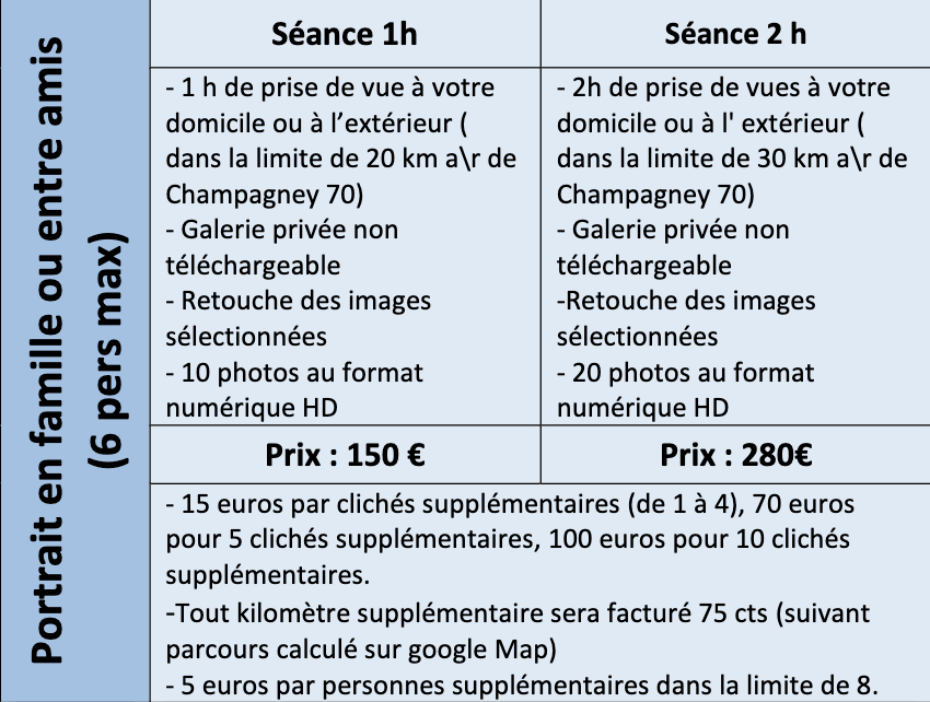 tableau tarif famille ou entre amis